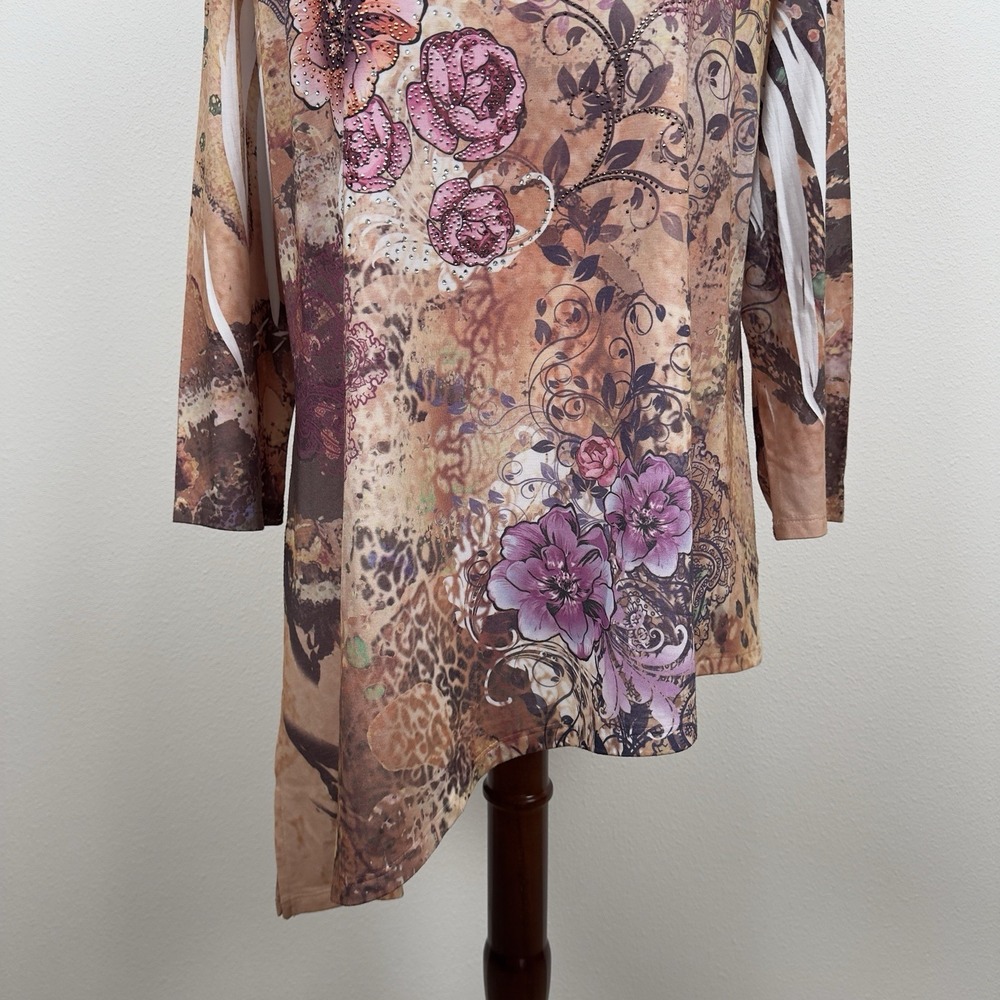 Jess & Jane‎ Top Womens XL Pink Brown Embellished Colorful Artsy Boho Asymmetric - Picture 3 of 13